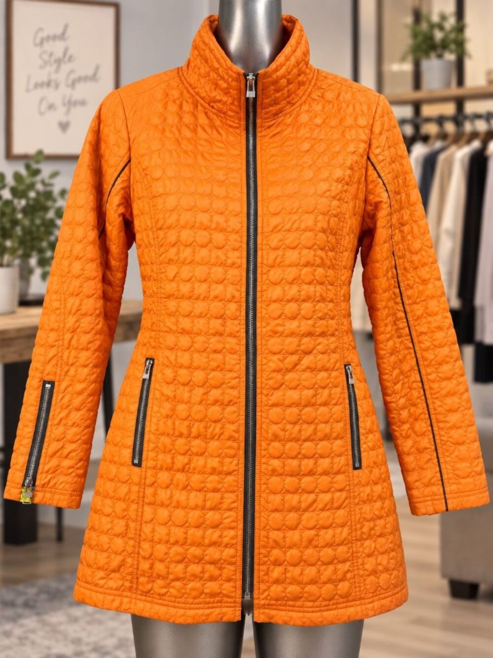 Ubu Quilted Long Jacket XL Orange Peacock Lining Vibrant Artsy Outdoor Cozy Coat